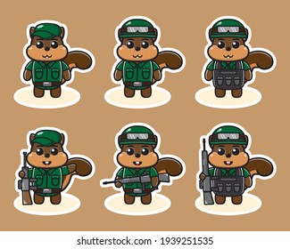 Ilustración vectorial de la tierna caricatura de Squirrel Soldier. Conjunto de diseño de caracteres de expresión de la ardilla. Es bueno para el icono, logotipo, etiqueta, pegatina, clipart.
