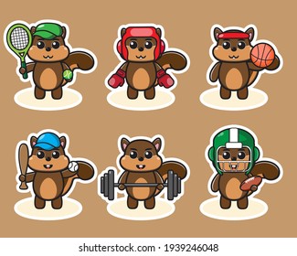 Vector illustration of cute Squirrel Sport cartoon. Cute Squirrel expression character design bundle. Good for icon, logo, label, sticker, clipart.