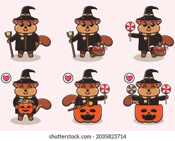 Vector illustration of cute Squirrel with Wizard costume. Squirrel character vector design. Good for label, sticker, clipart.