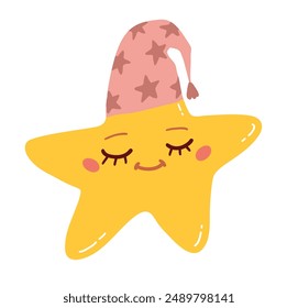 Ilustración vectorial de lindo personaje de la estrella con gorra de dormir