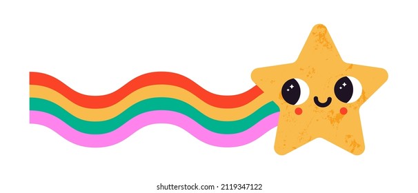 Vector illustration of cute star with face expression and rainbow wave. Abstract space element in cartoon style. Colorful futuristic object with texture