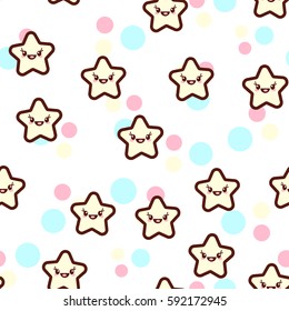 Vector illustration of the cute stars with the funny faces seamless pattern. Trendy Kawaii emoticons for print on t-shirt, one piece body gift for kids.