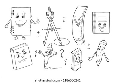 Vector illustration of a cute stationery items set. Pen, pencil, notebook, ruler, eraser, precision compass, exercise book. Kids go to school icons with faces and emotions. Hand drawn style. 