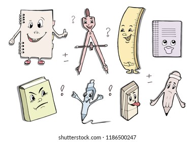 Vector illustration of a cute stationery items set. Pen, pencil, notebook, ruler, eraser, precision compass, exercise book. Kids go to school icons with faces and emotions. Hand drawn style. 