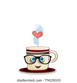 Vector illustration of cute steaming brown cup in eyeglasses, with smilling face and heart. Vector illustration, clip art, cartoon character.