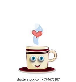 Vector illustration of cute steaming brown cup with striped  pattern, smilling face and heart. Vector illustration, clip art, cartoon character.