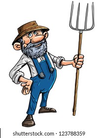 Vector illustration of a cute stereotypical cartoon farmer in a hat and dungarees holding a pitchfork isolated on white