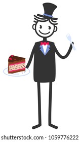 Vector illustration of cute stick figure happy groom eating chocolate wedding cake isolated on white background