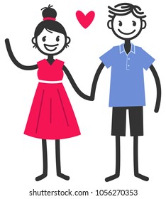 Vector illustration of cute stick figures holding hands and waving, loving couple, boy and girl with red heart isolated on white background