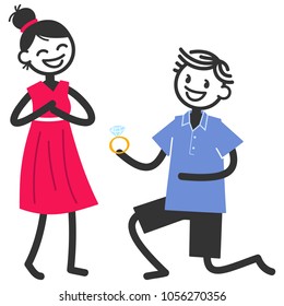Vector illustration of cute stick figures, boy proposing to girl with diamond ring isolated on white background