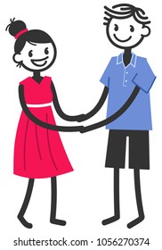 Vector illustration of cute stick figures holding both hands, loving couple, boy and girl dating isolated on white background