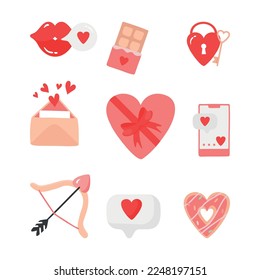 Ilustración vectorial con pegatinas lindas empacadas en estilo de caricatura con símbolos de amor para el día de San Valentín. Gran colección de pinturas.
