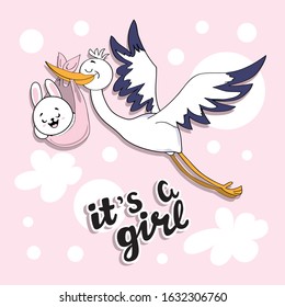 Vector illustration with a cute stork carries a baby bunny on a pink background for children