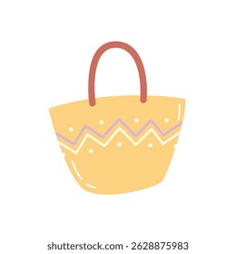 Vector illustration of a cute straw beach bag with zigzag pattern. Perfect for summer, vacation, or fashion design. Isolated on white background.