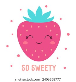 ilustración vectorial con personaje de fresa lindo, tarjeta de dibujos animados con fruta divertida, berry con cara de estilo simple plano, diseño para niños