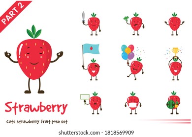 Vector illustration of cute strawberry fruit poses set. Isolated on white background.