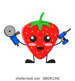 ilustración vectorial del servicio de fresa tibia o de la perforación de molino de retención de personajes. linda fruta de fresa Concepto Blanco aislado. Estilo de caricatura plana adecuado para la página de aterrizaje, cartel, etiqueta.