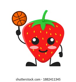 vector illustration of cute strawberry fruit sport or character play basket ball. cute strawberry fruit Concept White Isolated. Flat Cartoon Style Suitable for Landing Page, Banner, Flyer, Sticker.