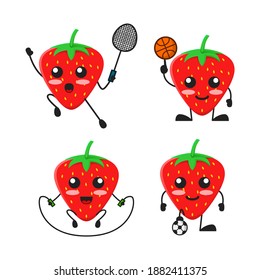 Vektorgrafik von süßen Erdbeerfruchtsportthemenbündel. süße Erdbeerobst Konzept weiß isoliert. Flat Cartoon Style Geeignet für Landing Page, Banner, Flyer, Aufkleber.