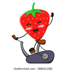 vector illustration of cute strawberry fruit sport or character with static bike. cute strawberry fruit Concept White Isolated. Flat Cartoon Style Suitable for Landing Page, Banner, Flyer, Sticker.