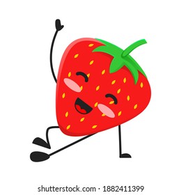 vector illustration of cute strawberry fruit meditation or character hand up leg relax. cute strawberry fruit Concept White Isolated. Flat Cartoon Style Suitable for Landing Page, Banner, Sticker.