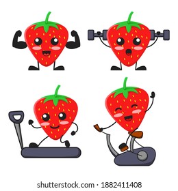 vector illustration of cute strawberry fruit gym fitness theme bundle set. cute strawberry fruit Concept White Isolated. Flat Cartoon Style Suitable for Landing Page, Banner, flyer, Sticker.