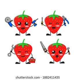 vector illustration of cute strawberry fruit service and repair theme bundle set. cute strawberry fruit Concept White Isolated. Flat Cartoon Style Suitable for Landing Page, Banner, flyer, Sticker.