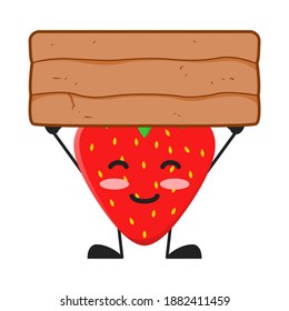 vector illustration of cute strawberry fruit with blank wood word. cute strawberry fruit Concept White Isolated. Flat Cartoon Style Suitable for Landing Page, Banner, Flyer, Sticker.