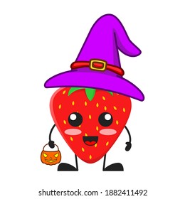 vector illustration of cute strawberry fruit halloween or character witch pumpkin. cute strawberry fruit Concept White Isolated. Flat Cartoon Style Suitable for Landing Page, Banner, Flyer, Sticker.