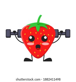 Vektorgrafik von süßer Erdbeerfrucht-Fitness oder Charakter, der Barbell hält. süße Erdbeerobst Konzept weiß isoliert. Flat Cartoon Style Geeignet für Landing Page, Banner, Flyer, Sticker.