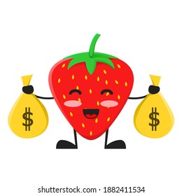 vector illustration of cute strawberry fruit business or character holding money sack. cute strawberry fruit Concept White Isolated. Flat Cartoon Style Suitable for Landing Page, Banner, Sticker.