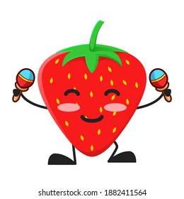 vector illustration of cute strawberry fruit music or character playing maraca. cute strawberry fruit Concept White Isolated. Flat Cartoon Style Suitable for Landing Page, Banner, Flyer, Sticker.