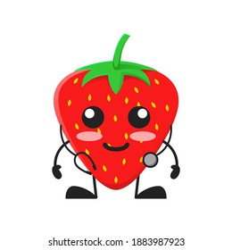 Vektorgrafik süßer Erdbeerfrüchte medizinischer Art oder Charakter mit Stethoskop. süße Erdbeerobst Konzept weiß isoliert. Flat Cartoon Style Geeignet für Landing Page, Banner, Flyer, Sticker.