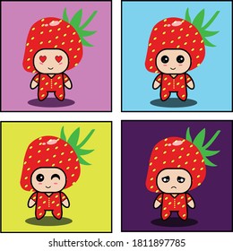 Vector illustration of cute strawberry mascot set design.