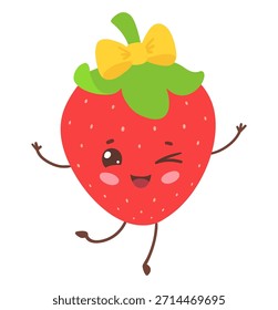 Ilustración vectorial de una linda fresa con cara sonriente y lazo amarillo. Objeto de fruta aislado plano.