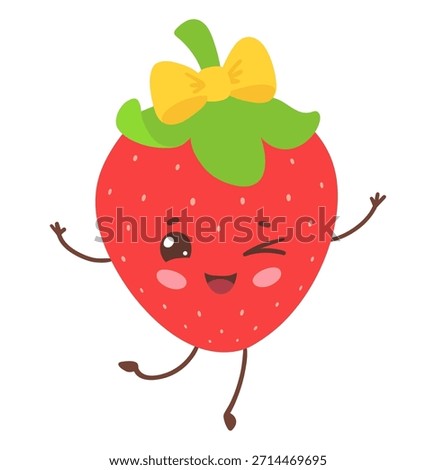 Vector illustration of a cute strawberry with smiling face and yellow bow. Flat isolated fruit object.