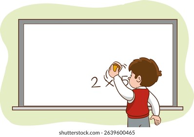 vector illustration of cute student erasing the blackboard in the classroom