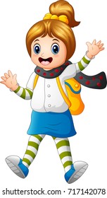 Vector illustration of Cute student wearing scarf waving