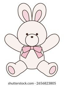 Vector illustration of a cute stuffed rabbit with a ribbon. Bunny, icon