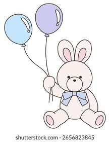 Vector illustration of a cute stuffed rabbit with a ribbon. Bunny, icon, balloon