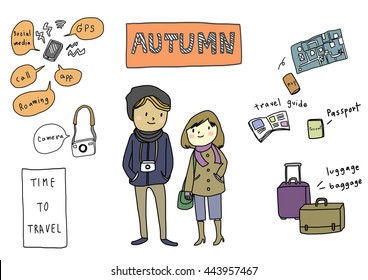 vector illustration - Cute and stylish tourist couple traveling in autumn holidays. Map, guidebook, baggage, luggage, camera, passport and roaming mobile phone are things to bring on abroad trip.