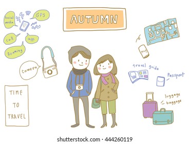 vector illustration - Cute and stylish tourist couple traveling in autumn holidays. Map, guidebook, baggage, luggage, camera, passport and roaming mobile phone are things to bring on abroad trip. 