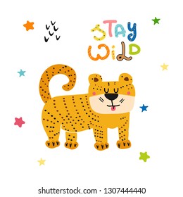 Vector illustration of cute stylized African tiger. Colorful cartoon hand drawn with lettering. For children room, decoration, t-shirt, cover, poster, invitation template card, kids birthday party