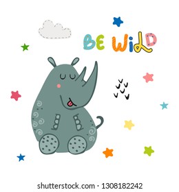 Vector illustration of cute stylized African rhino. Colorful cartoon hand drawn with lettering. For children room, decoration, t-shirt, cover, poster, invitation template card, kids birthday party
