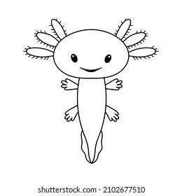 Vector Illustration Of Cute Stylized Axolotl Salamander Isolated On White Background. Baby Axolotl Smile. Drawing In Outline Style For Coloring Book