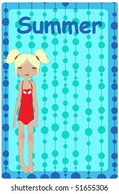 Vector Illustration of cute summer background  with pretty little girl