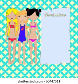 Vector Illustration of cute summer frame with pretty little girls. Good for greeting card and invitation