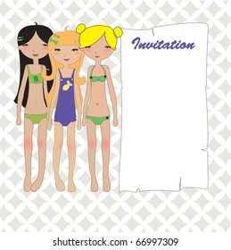 Vector Illustration of cute summer frame with pretty little girls. Good for greeting card and invitation