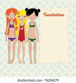 Vector Illustration of cute summer frame with pretty little girls. Good for greeting card and invitation