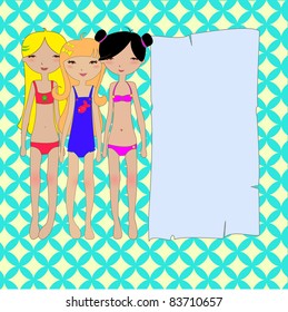 Vector Illustration of cute summer frame with pretty little girls. Good for greeting card and invitation